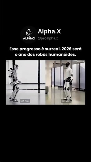Alpha.X on Instagram: "Robôs humanóides passaram de rígidos e trêmulos para quase humanos em apenas dois anos. Primeiro você vê a execução de 2023 da Figure ao lado de sua atualização de 2025. Em seguida, o clipe Optimus 2023 da Tesla em comparação com sua versão de 2025. A diferença é irreal. Equilíbrio mais suave. Passos mais rápidos. Balanço de braço mais natural. Menos daquela “rigidez do robô” que todos nós nos lembramos. Ambas as empresas fizeram saltos maciços em movimento, controle e coo