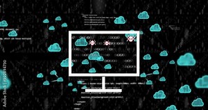 Computer screen with virus icons over cloud computing and data security animation