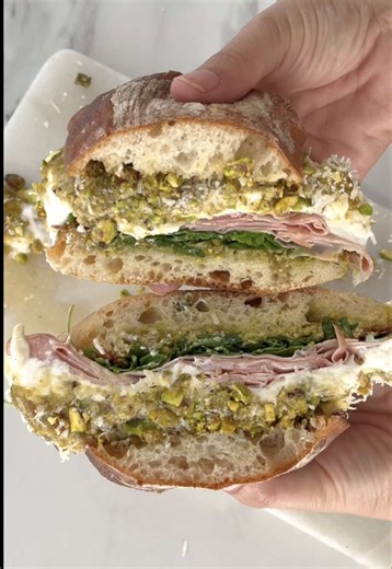 Burrata and Mortadella Sandwich with Frozen Olive Crumb