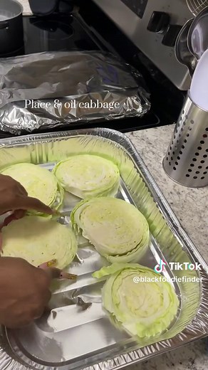 Roasted Cabbage 🥬 (via @Shak Richie ✌︎) 📌 Roasted Cabbage Recipe: 1. Remove outer layer of leaves 2. Cut access stalk (if any) 3. Carefully slice cabbage 4. Oil both sides of cabbage & well season with your favorite seasonings OR season with a blend of kosher salt, black pepper, garlic powder, roasted garlic and herb seasoning, and crushed red pepper 5. Place cabbage in oven at 400 degrees for 35 minutes 6. Serve be merry! #blackfoodiefinder