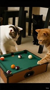 Cats Playing Pool on a Tiny Table