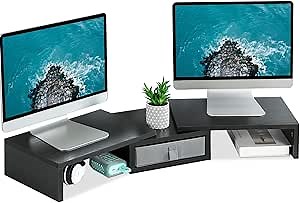 MARTY Dual Monitor Stand, Monitor Riser with Drawer Length & Angle Adjustable Desktop Organizer Stand Wood Long Computer Monitor Stand for 2 Monitors/Laptop/PC/Screen/ Printer/TV (Black)