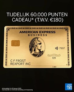 Ontdek de ultieme reiservaring voor ondernemers met de vernieuwde American Express Business Gold Card. Meer comfort en premium voordelen. Nu 60.000 punten cadeau (t.w.v. €180) bij een Business Gold Card. Voorwaarden en minimale besteding van toepassing. Actie geldig t/m 29 januari 2025. Vraag nu aan! | American Express | Facebook