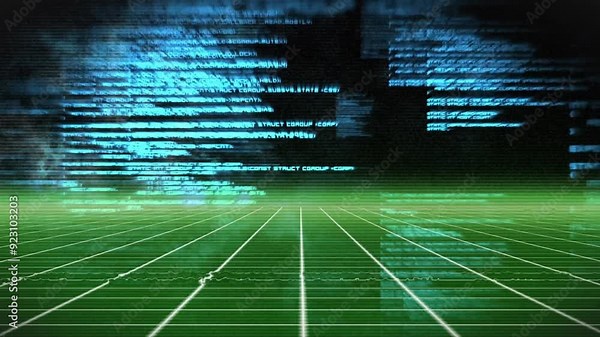 Digital data streams and grid lines animation over green and black background