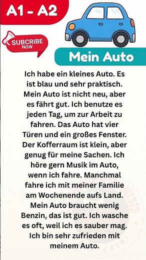 🚗 Mein Auto – Einfacher Deutscher Text für A1–A2 🇩🇪 | Deutsch Lernen für Anfänger