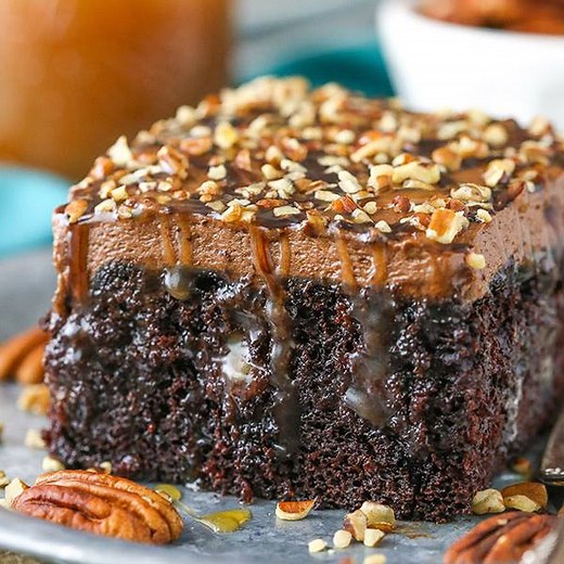 200K views · 293 reactions | Chocolate Turtle Poke Cake! A moist chocolate cake soaked with caramel sauce and topped with caramel chocolate frosting and chopped pecans! It’s delicious and made completely from scratch! Recipe: https://www.lifeloveandsugar.com/chocolate-turtle-poke-cake/ Pin it for later: https://pin.it/xqgyzy3dbcydzt | Life, Love and Sugar | Facebook