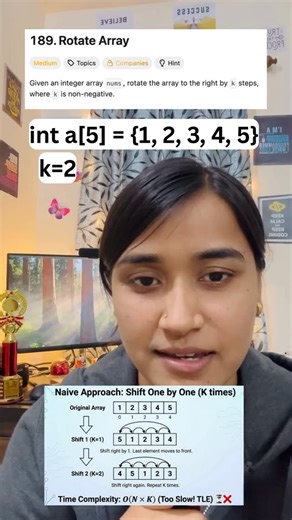 Gyani Kumari on Instagram: "Rotate Array in O(1) Space? 🤯 Agar array ko rotate karna hai bina extra memory use kiye, toh Reversal Algorithm use karo! The Pro Way: 3 Reverse Calls. Only O(N) Time and O(1) Space. 🔥 code: void rotate(int a[], int n, int k) { k = k % n; // Handle cases where k > n reverse(a, a + n); reverse(a, a + k); reverse(a + k, a + n); } Simple, Clean, and Optimized. Share this with a friend who writes long code for simple problems! 😂 #leetcode #dailycoding #geeksforgeeks #c