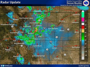 3K views · 58 reactions | Radar Update: 10:40 PM 7/30 Showers and storms continue over the higher elevations and I-25 corridor, some capable of heavy rainfall. Slow moving storms with heavy rain will continue to push through the I-25 corridor causing localized flooding impacts. | US National Weather Service Denver/Boulder Colorado | Facebook