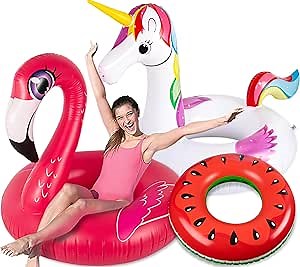90shine 3PCS Pool Floats Adult Set - Unicorn + Flamingo + Watermelon Inflatable Beach Floaties Swimming Ring Toys for Adults, Kids 8-12,Teenager Water Party Supplies