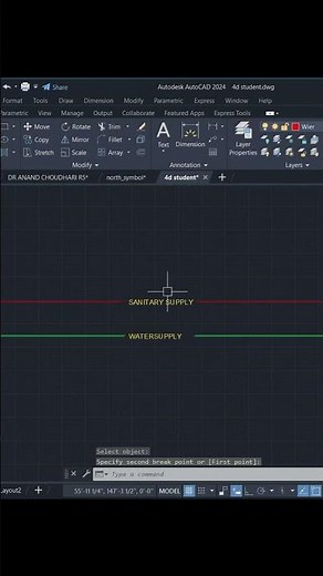 Use Break Command in AutoCAD - Water Supply and Sanitary Line Drawing in AutoCAD