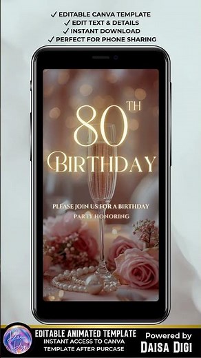 Elegant 80th Birthday Invitation Video | Editable Canva Template | Party Invite