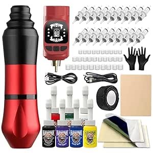 HAWINK Tattoo Kit Rotary Tattoo Gun Machine with Power Supply LCD digital 3.7V Lithium Battery 1600mAh Tattoo Battery 1Pcs 7 inks HWP6KITEN05C-2