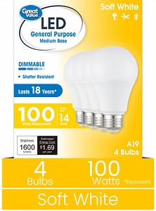 Great Value 18YR A19 LED Bulb, 13-Watt (100W Equivalent) E26 Base, Dimmable, Soft White, 4-Pack
