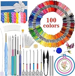 JUPEAN Punch Needle Kit, 156 Pcs Punch Needle Tool, 110 Pcs Embroidery Thread and Hoops, Punch Needles Kit for Beginners