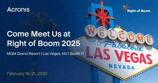 Here comes... Right of Boom 2025! Come discover how Acronis cyber protection solutions delivers superior protection from modern cyberthreats while boosting your customer loyalty and MRR. Our team is gearing up to meet you there at Booth 11 from February 19-21, in Las Vegas, NV.  February 19 - 21 MGM Grand Resort | Las Vegas, NV | Booth 11 Book a spot to meet with our team at Right of Boom 2025 ➡️ https://acronis.events/event/right-of-boom-2025/ | Acronis | Facebook