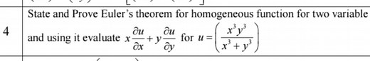 State and Prove Euler's theorem for homogeneous function for tw... | Filo