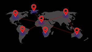 Colorful location icon on world map different information black background.motion graphics.