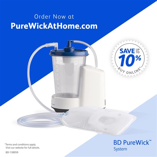 Introducing the new PureWick™ Male External Catheter, an innovative option for men managing urinary incontinence now available for home use. Order now and save up to 10%* on a Starter Set with Battery. *Terms and conditions apply. Visit our website for full details. Reference: 1. In a user study (May 2023), 11 out of 15 participants (73%) moderately or strongly agreed that the PureWick™ Male External Catheter is easy to place on yourself and 14 out of 15 participants (93%) moderately or strongly