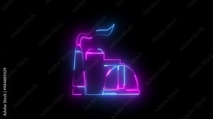 Neon industrial Manufacturing concept, responsible for the fabrication of products intended for industrial use from raw materials. Industrial Manufacturing icon on black background.