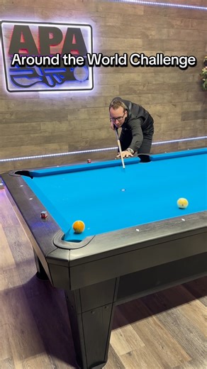 Around the world 🌎 challenge! Cue ball is frozen to the rail and moves one diamond each shot. Give it a try! 🎱 #apapool #billiards #poolplayer #trickshot #8ballpool #apachallenge | American Poolplayers Association - APA