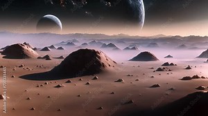extraordinary alien landscape, featuring unique landforms, unusual flora and fauna, and otherworldly atmospheric phenomena, A vast alien landscape of distant planets and asteroids, AI Generated