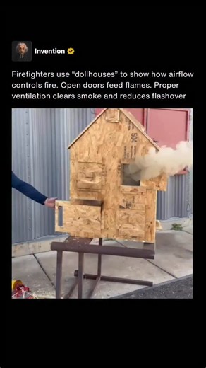 Invention on Instagram: "Firefighters often use small training dollhouses to demonstrate how fire behaves inside a structure. These models allow instructors to show how heat and smoke move through rooms and hallways and how even small changes in airflow can dramatically alter fire growth. What looks like a simple model represents the same principles at work in a full sized building. One of the most important lessons is door control. When a door or window is opened it can introduce fresh oxygen t