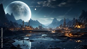 A stunning scene of an alien city under a large, bright moon. The city is lit up with lights, and the mountains in the background are silhouetted against the night sky.