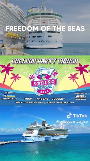 Get Ready for the ultimate Spring Break with College Party Cruise! 🛳⚓️🏝 Join the biggest group of Spring Breakers at sea for our 8th annual cruise. Luxurious cruise ship accommodations, unlimited mouthwatering food, exclusive parties, exotic destinations, dazzling entertainment, thrilling activities, and so much more, all included! 🔥 Sailing from Miami to Nassau and Cococay, Bahamas aboard Royal Caribbean’s Freedom of the Seas. This mega-ship offers everything you could dream of, From incredi