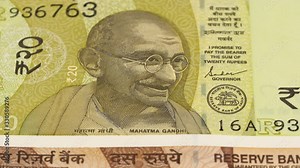 India rupee banknotes fast tracking. Indian money close up. Slider shot, macro. Low angle, 4K