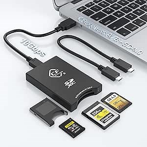 3 in 1 CFexpress Type B/Type A and SD UHS-II Dual-Slot Memory Card Reader, USB 3.2 Gen-2 10Gbps CFexpress Type a Type b Card Reader, Portable CF Express Reader Two Card Slots Can Work Simultaneously