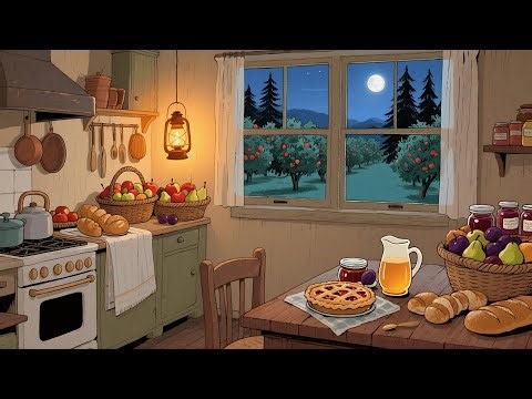 A 1940s Kitchen at Night — Another Room Where Firelight Glows on Warm Bread and Shadows