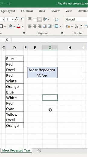 Excel formula to Find the most repeated text or number
