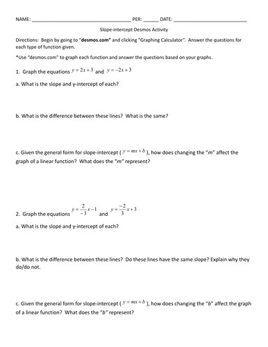 Desmos Graphing Activity: Linear Equations in Slope Intercept Form | Teaching Resources