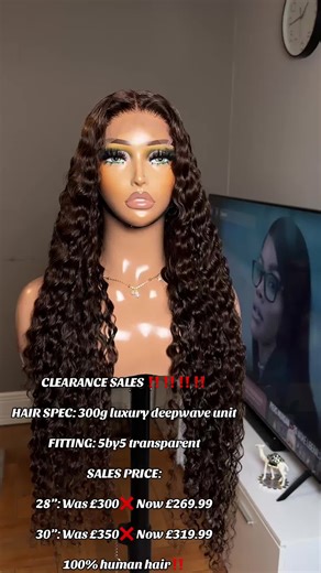 CLEARANCE SALES ‼️‼️‼️‼️ HAIR SPEC: 300g luxury deepwave unit FITTING: 5by5 transparent brown SALES PRICE: 28”: Was £300❌ Now £269.99 30”: Was £350❌ Now £319.99 100% human hair‼️ #tbchairstore_uk #wigtok #endoftheyearsales #luxuryhair #curlywig