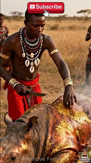 WHOLE Rhino BBQ – Primitive Cooking and Epic Tribal Feast 🍗🔥 #Shorts #PrimitiveFeastTV