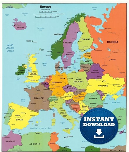 Colorful Political Map of Europe (JPEG Digital Download) - Etsy