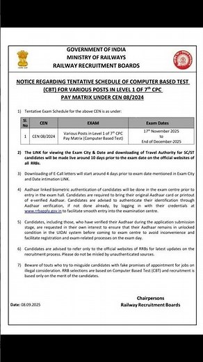 *🔥Group-D Exam Date*RRB Notice (CEN 08/2024) – Level 1 Posts*🗓️ Exam Dates: 17 Nov 2025 To Dec 2025