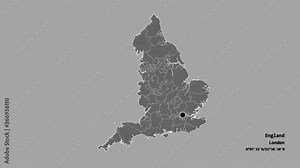 Devon, administrative county of England, with its capital, localized, outlined and zoomed with informative overlays on a bilevel map in the Stereographic projection. Animation 3D
