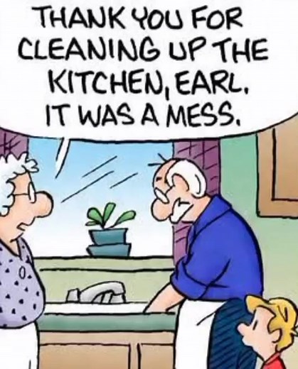 "Gramma's kitchen cleaning motto: 'A clean kitchen is a happy kitchen, unless Grampa 'helps'!" | Comic Life