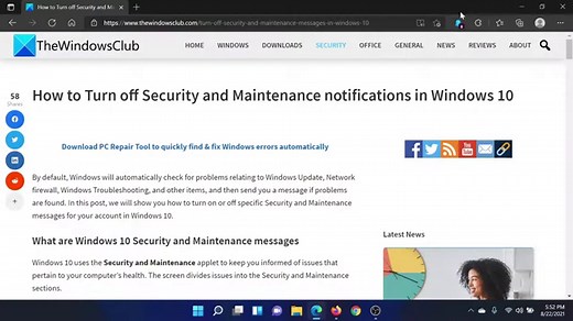 How to Turn off Security and Maintenance notifications in Windows 11/10