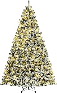 Goplus 8FT Pre-Lit Snow Flocked Christmas Tree, Artificial Hinged Xmas Tree W/ 650 LED Lights, Foldable Metal Stand and 1502 Branch Tips, Fake Snow Flocked Tree for Indoor Home Office Party Decoration