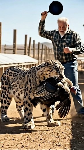 Farmer Chases Snow Leopard Stealing His Turkey 🦃 #snowleopard #farmer This crazy video shows a rare snow leopard attacking farm animals! A brave farmer isn't backing down, chasing the big cat predator to save his turkey. This shocking wildlife encounter is an unbelievable moment caught on tape. The farmer, armed only with a frying pan, confronts the dangerous predator in a tense standoff. This is a real animal attack on a farm, showing the lengths farmers go to protect their livestock. Witness