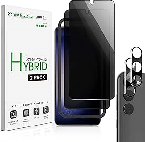 amFilm 2+2 Pack Samsung Galaxy S23 6.1'' Privacy Screen Protector with Camera Lens Protector, Anti Spy Hybrid Film, Fingerprint ID Compatible, Easy to Installation.