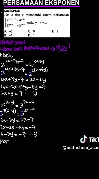 Pembahasan Soal Ujian SPMB, Topik Kombinasi Eksponen dan SPLDV ----- #mathchemacademy #math #maths #mathematics #matematica #tiktok #viral #viralvideo #viraltiktok #video #shortvideo #youtube #education #belajar
