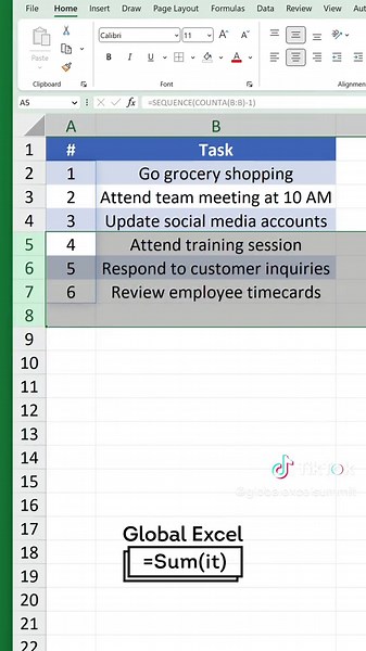 You might create a numbered list in Excel to help organise and keep track of workplace tasks or a personal to-do list. A hallmark of any good list is sequential numbers beside the items. They provide structure, clarity and order of importance. There are numerous ways of generating these numbers. However, people commonly resort to the easiest methods, unaware of the repercussions that can occur. Three methods are shown in the video: 1️⃣ Input 1 in A2 and 2 in A3, and then select this range and do