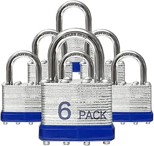 Keyed Alike Laminated Steel Keyed Padlocks with Normal Shackle, 6 Pack, for Hasp Latch, Sheds, Fences, Storage Locker, School, Gym
