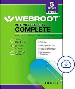 Webroot Internet Security Complete | Antivirus Software 2025 | 5 Device | 2 Year Download for PC/Mac/Chromebook/Android/IOS + Password Manager, Performance Optimizer