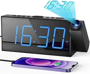 Projection Digital Alarm Clock on Ceiling Wall, LED Alarm Clock for Bedrooms with USB Charger Port, 350° Projector,Dimmer,12/24H & DST,Battery Backup, 7.5’’ Dual Loud Alarm Clock for Heavy Sleeper