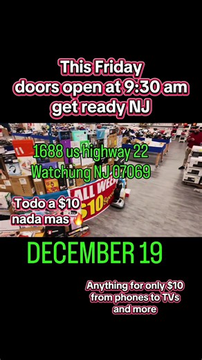 🌟 START SHOPPING FOR HOLIDAYS AND SAVE $ BIGGEST BIN STORE IN NJ – SPECIAL EVENT 🌟 $10 BIN EVENT All items in the bins are only $10 VIP SECTION SAVINGS Premium items priced at 50%–75% off retail. 📅 Friday, December 19 📍 1688 US-22, Watchung, NJ 07069 🕒 Doors Open: 9:00 am 🛍 Event Hours: 9:00 AM – 8:00 PM Join us at one of the largest liquidation locations in the area. Arrive early, skip the long lines, and secure the best deals before they’re gone.
