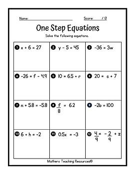 Solving One Step Equations TEST / WORKSHEET { All Operations }